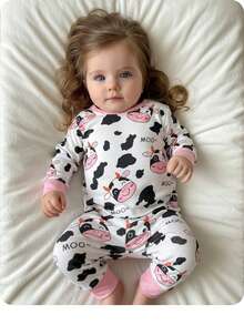 2pcs Baby Girl Snug Fit Cute Cow Print Colorblock Round Neck Long Sleeve Pajama Set, Soft & Comfortable For Autumn/Winter