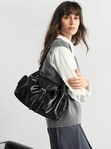 SHECARRY 女士黑色多口袋单肩包，通勤必备 - 黑色 - 查看 1