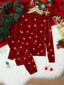 女童可爱优雅圣诞姜饼人印花针织圆领卫衣和打底裤两件套家居服套装 - 酒紅色 - 查看 2