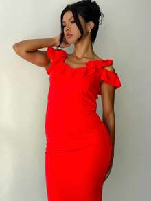 Vestido largo  mujer elegante moderno volante tejido elástico corte ajustado cuello palabra de honor sin mangas primavera verano fiesta oficina - Rojo - Ver 3