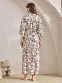 Ocili 休闲舒适简约链条印花棉混纺中袖系带睡袍，女士睡袍，时尚秋冬款 - 卡其色 - 查看 3
