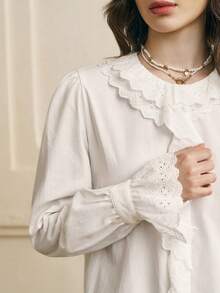 INAWLY Women's White Lace Trim Puff Sleeve Elegant Blouse - White - View 3