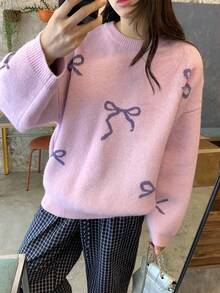 DAZY Women's Loose Fit Crew Neck Bow Decor Casual Pullover Sweater - Mauve Purple - View 5