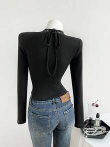 SHEIN Unity Maglietta a maniche lunghe nera da donna, elegante per l'autunno/inverno, adatta per uso quotidiano, feste e casual, con colletto in pizzo - nero - Visualizzare 2