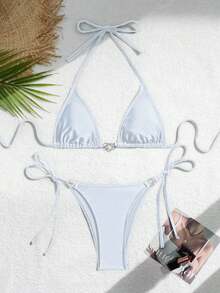 Swim Vcay 夏季沙灘鑽石裝飾露背三角比基尼 - 白色 - 查看 3