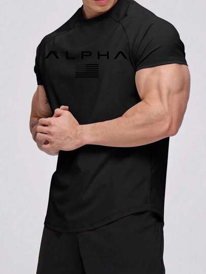 Manfinity Sport PWRUP Boyfriend Style Men's Casual Fitness Short Sleeve T-Shirt With U.S. Flag Print,Gym Clothes Workout Tops Gym Top Breathable