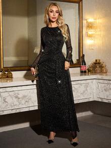 SHEIN Clasi Damska błyszcząca sukienka imprezowa z okrągłym dekoltem i długimi rękawami, odpowiednia na imprezę noworoczną, spotkania towarzyskie i Walentynki - Czarne - Zobacz 5