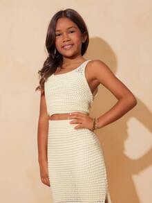 SHEIN Tween Girl Beach Vacation Casual Versatile Camisole & Knit Mini Skirt Set - Beige - View 5