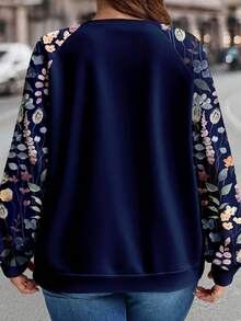 EMERY ROSE Plus Size Women Floral Print Patchwork Raglan Sleeve Casual Loose Sweatshirt/Winter - Navy Blue - View 2