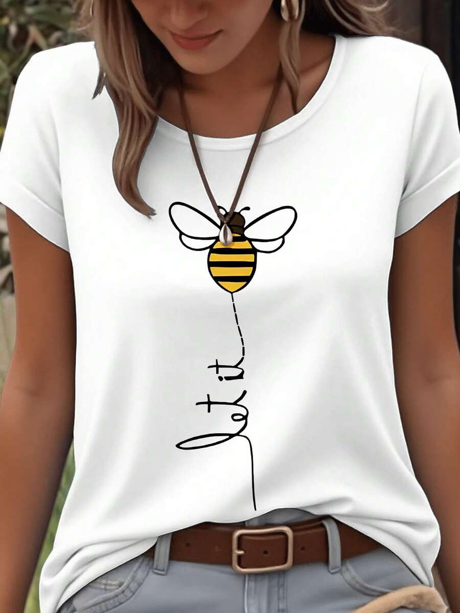 EMERY ROSE 极简主义蜜蜂与字母图案圆领短袖大码T恤