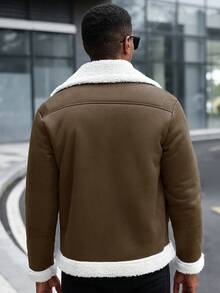 Manfinity CasualCool 男士撞色拉链休闲长袖夹克，带保暖内衬，秋冬男士外套，男士夹克，冬季男士保暖内衬夹克，男士羊羔绒夹克 - 巧克力棕 - 查看 2