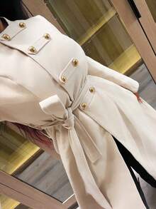 Xyvia Women's Elegant Commuting Autumn/Winter New Style Simple Double-Breasted Overcoat, Earth-Tone Brown, Waist-Cinching, Long Sleeve Mid-Length Overcoat - Brown - View 5