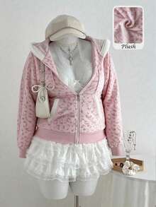 Lalippa Áo nỉ trùm đầu lót len màu hồng họa tiết da báo, thoải mái và dễ chịu cho mùa thu đông và thời trang cỡ lớn dành cho nữ, mềm mại và thoải mái khi mặc ở trường và trang trí nhà cửa - Hồng - Xem 1