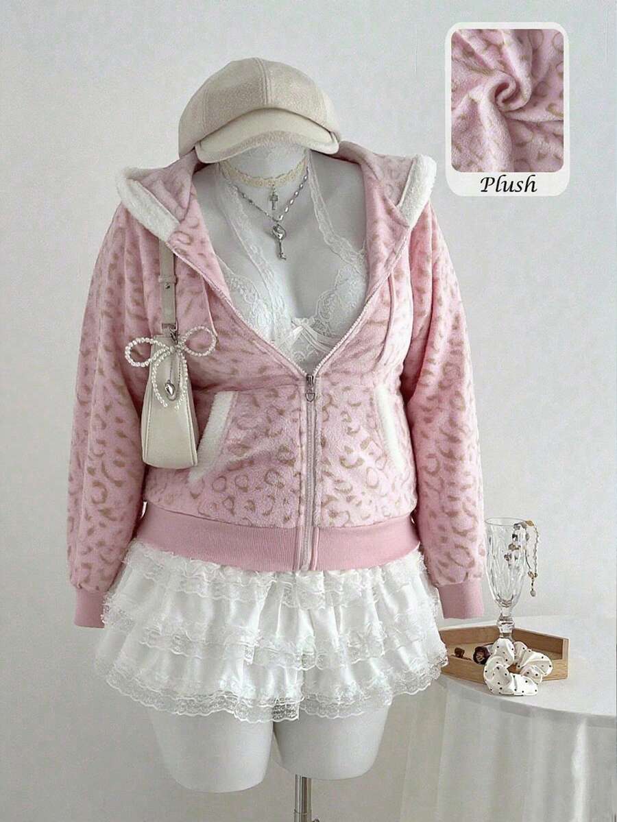 Lalippa Áo nỉ trùm đầu lót len màu hồng họa tiết da báo, thoải mái và dễ chịu cho mùa thu đông và thời trang cỡ lớn dành cho nữ, mềm mại và thoải mái khi mặc ở trường và trang trí nhà cửa - Hồng - Xem 1