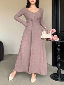 DAZY 女式优雅纯色V领扭纹中长连衣裙，秋季 - 粉色 - 查看 6