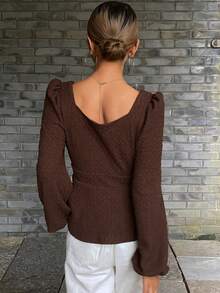 DAZY Top babydoll décontracté à manches longues pour femmes, col carré, taille cintrée, en tissu texturé - Marron - Voir 5