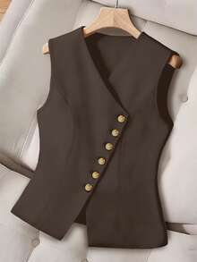 GlowEve CURVE Plus Size Women's Solid Color Single-Breasted Casual Lightweight Vest - Coffee Brown - View 1