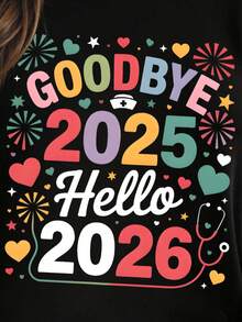 EMERY ROSE 祝大家2026新年快乐！告别2025，迎接2026！2026年新年派对的最佳礼物——女士长袖T恤，让你在新年派对上光彩照人！ - 黑色 - 查看 3