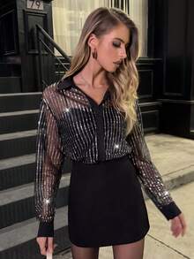 Elyressa Women's Fashionable Commuter Sexy Sheer Sequin Mesh Blouse - Black - View 4