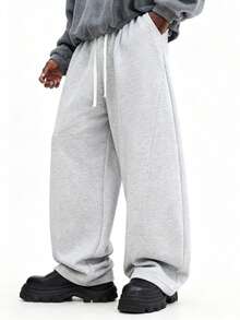 SUMWON Relaxed Drawstring Sweatpants Heather Joggers Casual Lounge Pants Comfortable Elastic Waist Cotton Blend Bottoms, Men Grey Flared Sweatpants, Men Sweat Pants Drawstring, Flare Sweat Pants Plain - Grey - View 4