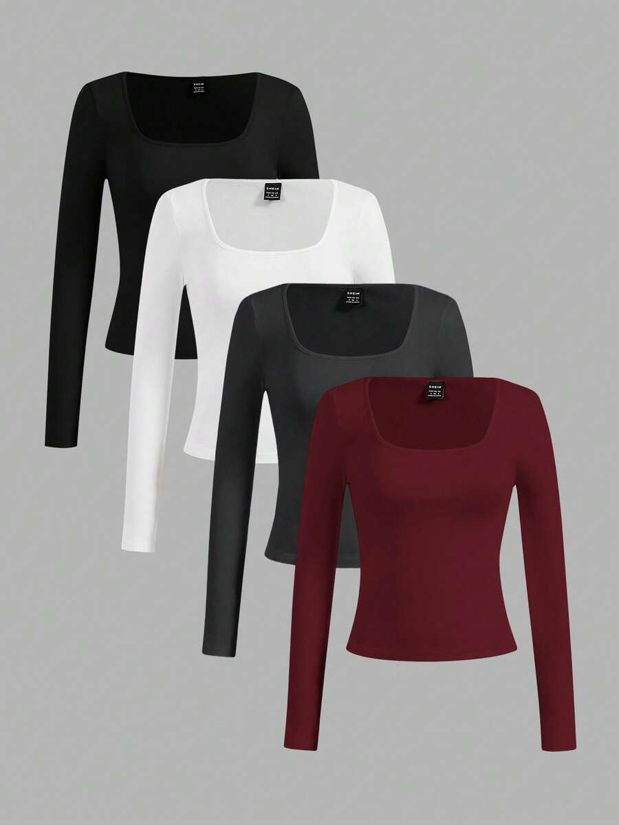 SHEIN EZwear 4件套休闲简约圆领女式T恤，纯色，适合秋冬季节、叠穿、户外穿着、打底衫 - 彩色 - 查看 1