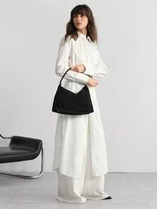 女士时尚简约风格麂皮单肩包，配五金饰边 - 黑色 - 查看 6