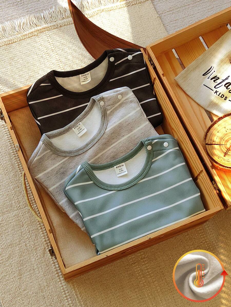 Vintaside Kids 3pcs Baby Boy Striped Crew Neck Long Sleeve Tops, Casual Spring/Autumn - Multicolor - View 1