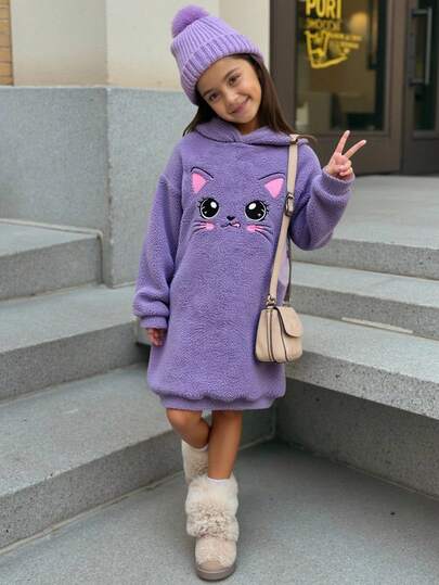 Firerie Kids Firerie Kids Tween Girl Thick Plush 3D Cat Ear Graphic Sweatshirt Dress