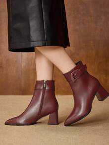 MOTF Botas de tacón alto grueso de media pantorrilla con hebilla de cuero de PU, versátiles y sencillas para el uso diario de las mujeres - Burdeos - Ver 7