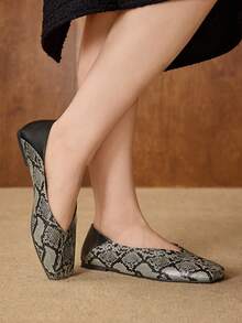 MOTF Giày bệt ballet cổ điển, giày lười mũi vuông họa tiết da rắn thanh lịch thoải mái dành cho nữ, phù hợp với mọi mùa - Xám - Xem 3