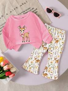 Conjunto informal de niña con sudadera de cuello redondo de punto suave con estampado de ciervos y pantalones acampanados con estampado floral de ciervos, de moda para Navidad, adecuado para otoño/invierno, ligero y cómodo, para volver al colegio, fiestas de vuelta al colegio, adecuado para picnics al aire libre, fotografía callejera, hogar, campus, vacaciones, regalos - Multicolor - Ver 2