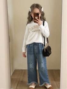 2 件套年轻女孩秋季长袖运动衫和破洞阔腿牛仔裤休闲装，时尚街头服饰 - 彩色 - 查看 3