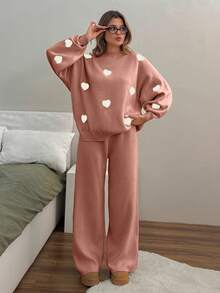 EURMUSE Women Solid Color Hearth Embroidery Round Neck Drop Shoulder Pullover & Sweater Pants Set - Dusty Pink - View 4