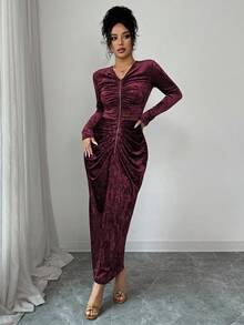 SHEIN Elenzya Đầm dài tay cổ chữ V thanh lịch dành cho nữ với họa tiết khóa kéo nhún bèo không đều, thiết kế cao cấp, thích hợp cho sinh nhật, hẹn hò, tiệc tùng, dạ tiệc, lễ hội âm nhạc, tiệc chiêu đãi - Màu đỏ tím - Xem 4