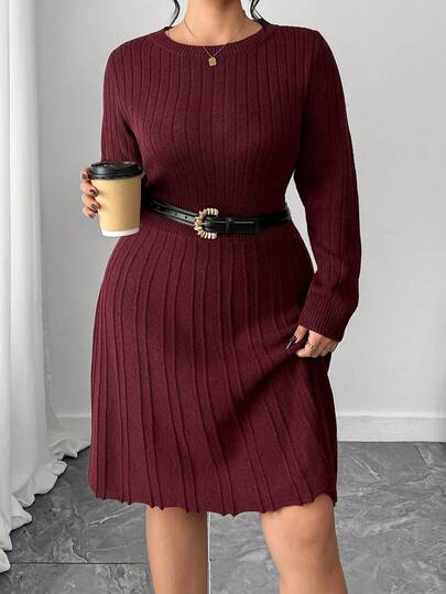 Elenzga Plus Size Women's Solid Color Minimalist Long Sleeve Knit Dress, Everyday Wear, Autumn