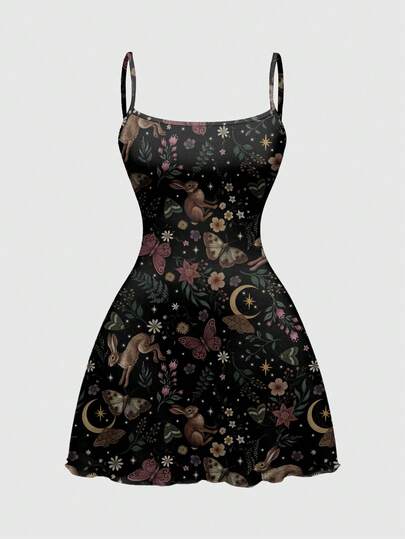 Goth Vestido mini con estampado total de conejo del bosque, gótico oscuro y misterioso para mujeres