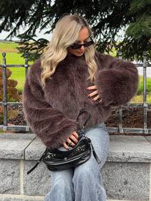 Jeta Ari Casual Zipper Fluffy Collar Jacket - Brown - View 5