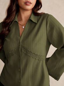 Elaquor Plus Size Women's Fashionable Elegant Lace Trim Button Down Long Sleeve Shirt Green - Army Green - View 4