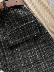 Franclia 百搭通勤休闲方领褶皱长袖弹力针织收腰修身粗花呢格子 A 字裙短裙女两件套，秋冬 - 卡其色 - 查看 4