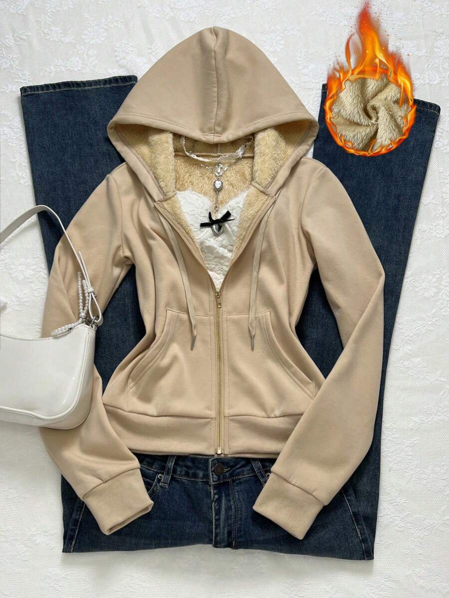 Elamini 女士合身复古风格针织弹力连帽羊毛运动衫，带口袋 - 杏色 - 查看 1