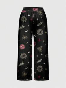 ROMWE Goth 大码哥特风心眼蛇日月蜘蛛印花背心和裤子睡衣套装，休闲家居服 - 黑色 - 查看 5