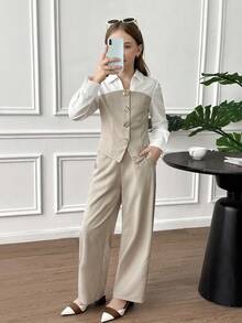 Serisse Kids 2 pièces Ensemble chemise et pantalon color block élégant et décontracté pour préadolescentes, convient pour le port quotidien, les déplacements, la mère et la fille, automne/hiver