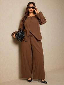 Elaquor Plus Size Women Casual/Work Solid Color Shirt And Pants 2 Pieces Set, Autumn - Mocha Brown - View 6