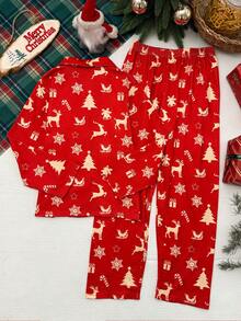 2pcs/Set Girls Christmas Snowflake Print Lapel Long Sleeve Top+Pants Pajama Set,Red Autumn Cute Graphic Lounge Kids Sleepwear For Casual Loungewear - Red - View 2