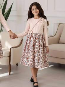 Tween Girls' Floral Print Patchwork Dress With Bow Decor, Autumn - Apricot - View 4