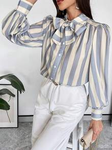 Firerie Women's Loose Front Button Tie Collar Long Sleeve Casual Shirt - Blue and White - View 4