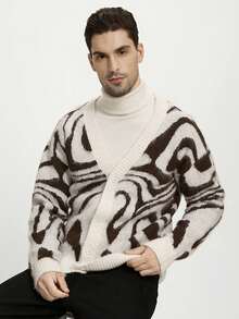 Manfinity Homme 男士斑马纹长袖单排扣休闲针织开衫，秋冬 - 棕色 - 查看 7