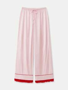 SHEIN Unity Conjunto de pijama de satén rosa con ribete rojo y adorno de plumas para otoño e invierno - Rosa - Ver 11