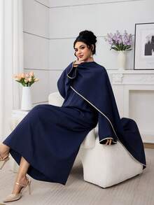 Al Najma Women's Elegant Minimalist Poncho Design Loose A-Line Arabic Style Dress - Navy Blue - View 4