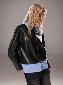 SHEIN TRNDY Women's Blue Striped Patchwork Black Faux Leather Jacket, Autumn - Black - View 3